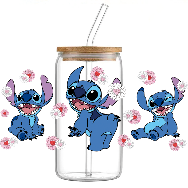 Cute Stitch - Staklena čaša sa poklopcem i slamkom